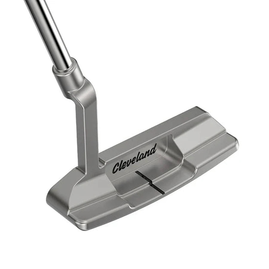 The Cleveland HB Soft 2 Model #1 Putter, silver with a black alignment line, features Speed Optimized Face Technology for consistent roll and is shown from an angle highlighting the head and part of the shaft.