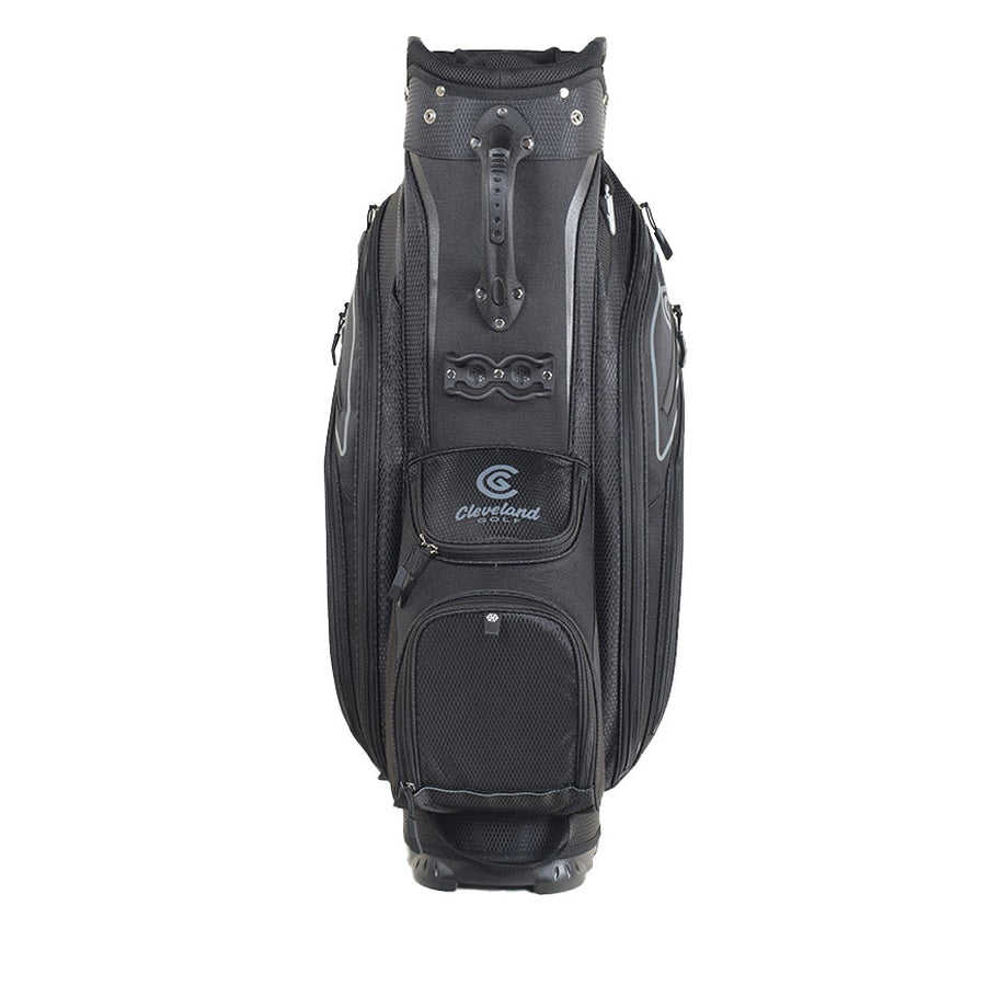 The Cleveland Golf Lightweight Cart Bag stands upright on a white background, featuring multiple zippered pockets, an insulated cooler pocket, a velour-lined valuables pocket, and convenient carrying handles.