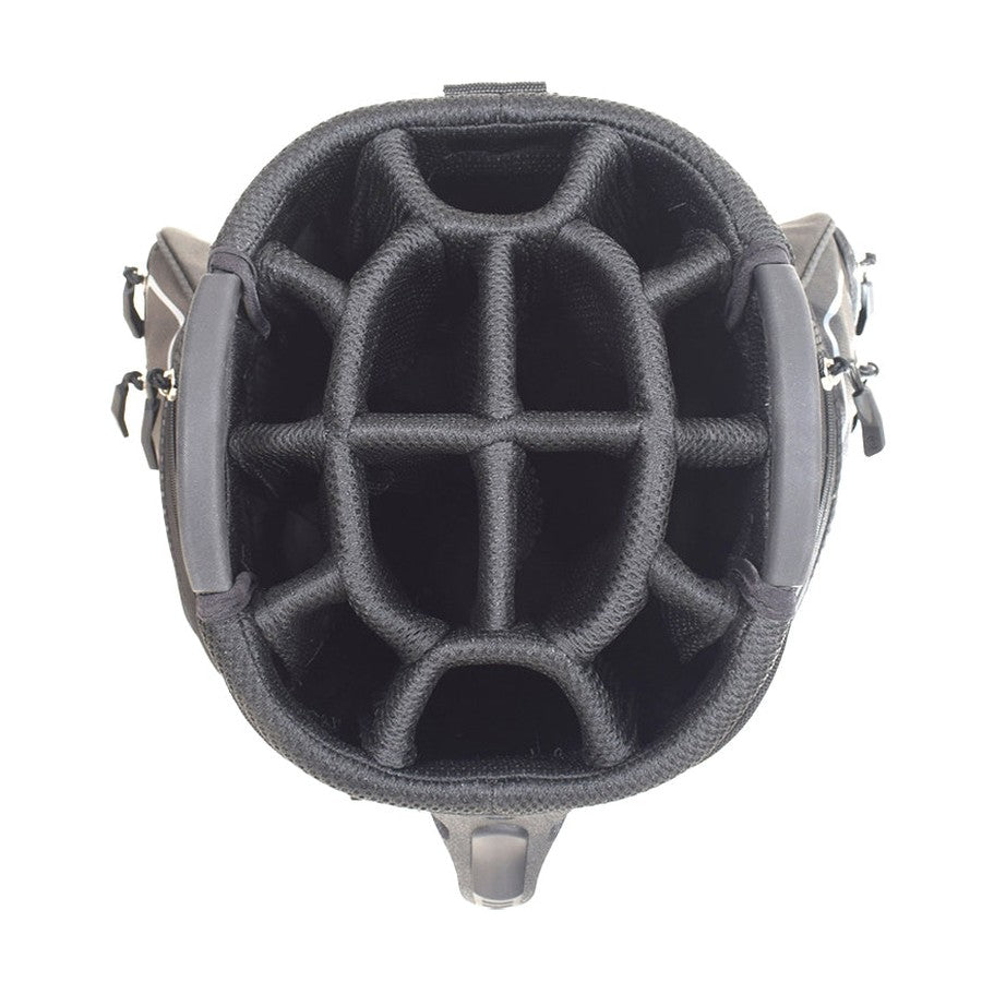 Top view of the Cleveland Golf Lightweight Cart Bag with organized, padded club compartments, multiple dividers for each club, and an insulated cooler pocket to keep drinks cold on the course.