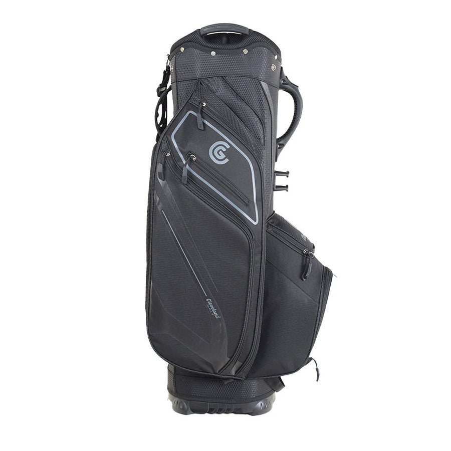 The Cleveland Golf Lightweight Cart Bag, in black with gray accents, features multiple zippered pockets—including an insulated cooler and velour-lined valuables pocket—a carrying handle, and stands upright against a white background.