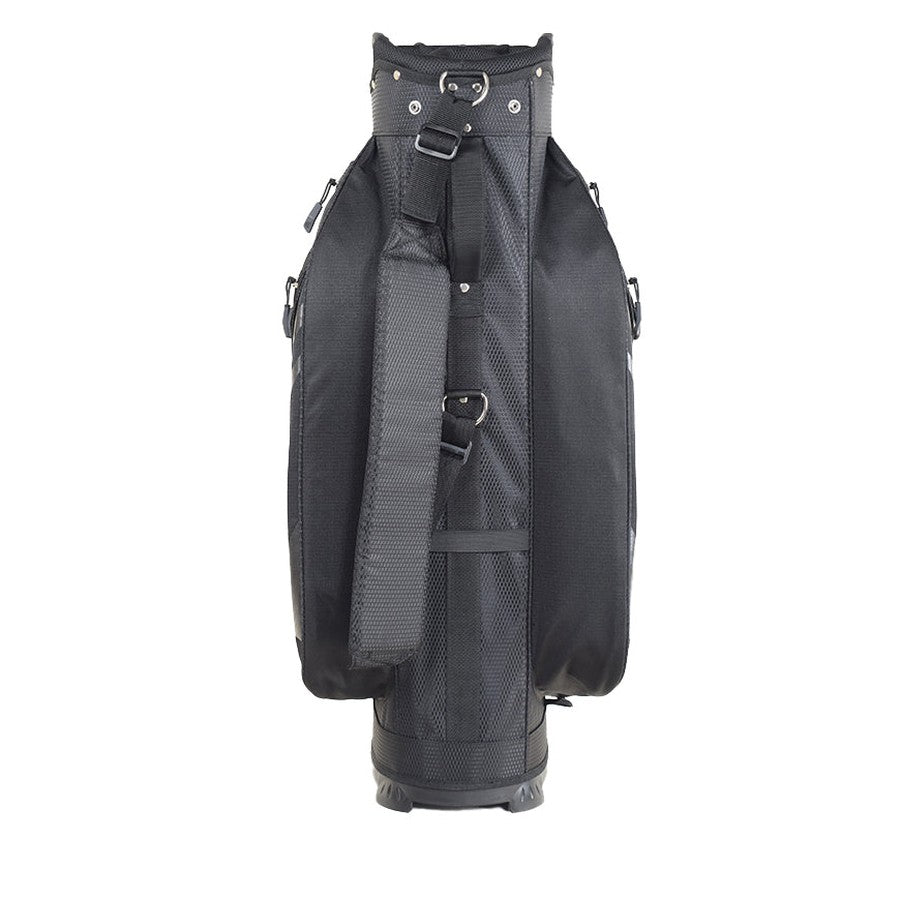 The Cleveland Golf Lightweight Cart Bag in black is shown from the back, with padded shoulder straps, a velour-lined valuables pocket, multiple side pockets, and a sturdy base, all set against a plain white background.