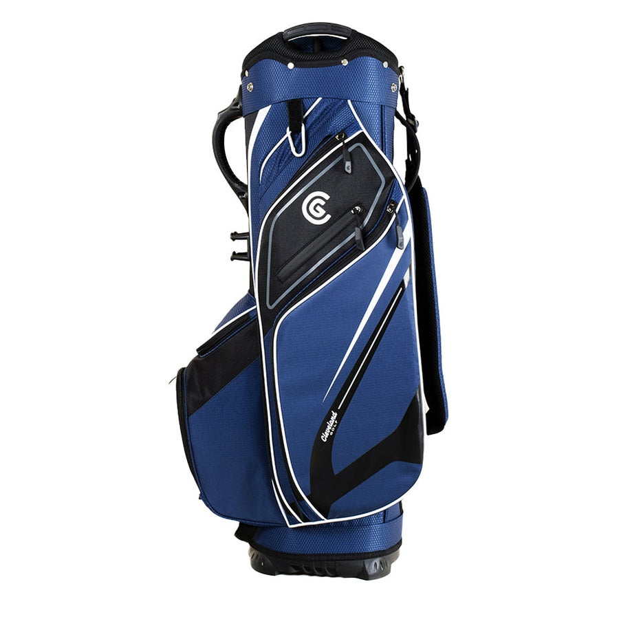 The Cleveland Golf Lightweight Cart Bag is blue and black with white accents, multiple zippered pockets, a velour-lined valuables pocket, an insulated cooler pocket, a carrying handle, shoulder strap, and stands upright on a flat base.