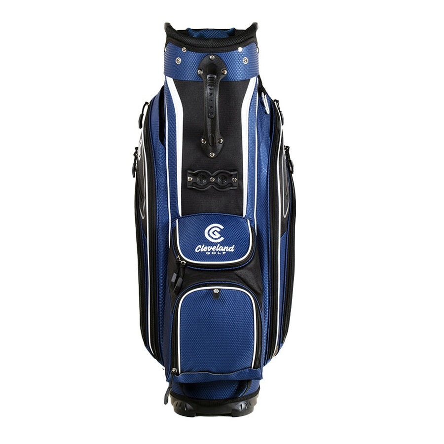 The Cleveland Golf Lightweight Cart Bag in blue and black features multiple zippered pockets, including an insulated cooler pocket, white trim, and a sturdy top handle, shown upright on a white background.