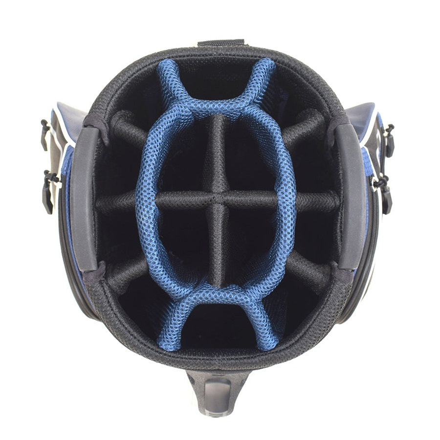 Top view of an empty baseball or softball catchers helmet, showing blue and black padded interior sections and protective dividers—similar to the organized compartments of a Cleveland Golf Lightweight Cart Bag.
