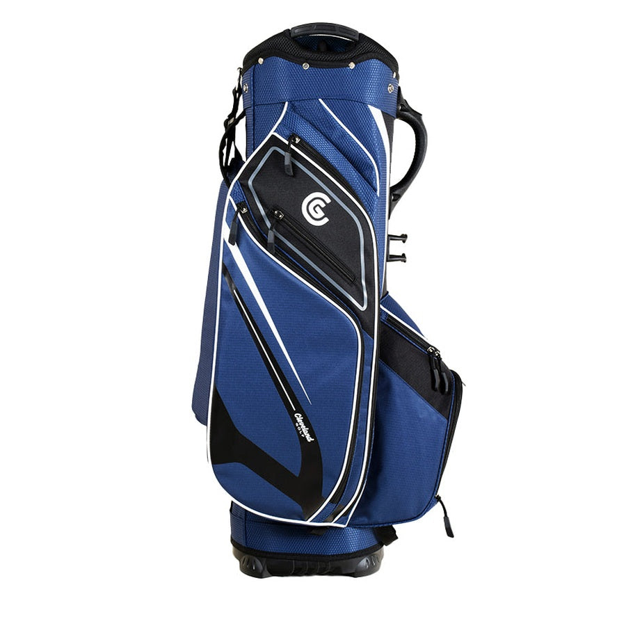 The Cleveland Golf Lightweight Cart Bag is blue and black with white accents, has multiple zippered pockets (including a velour-lined valuables pocket and an insulated cooler pocket), a top handle, and features the Cleveland Golf logo on the upper section.