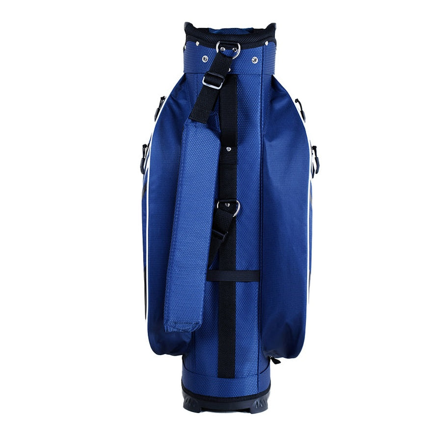 The Cleveland Golf Lightweight Cart Bag stands upright against a white background, featuring blue color with black straps, silver hardware, a padded shoulder strap, multiple side pockets, and a velour-lined valuables pocket for protection.