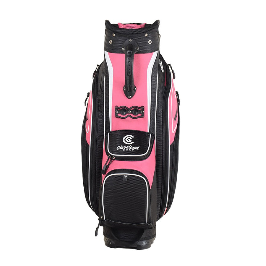 The Cleveland Golf Lightweight Cart Bag in pink, black, and white features multiple zippered pockets—including an insulated cooler pocket—and stands upright on a white background.