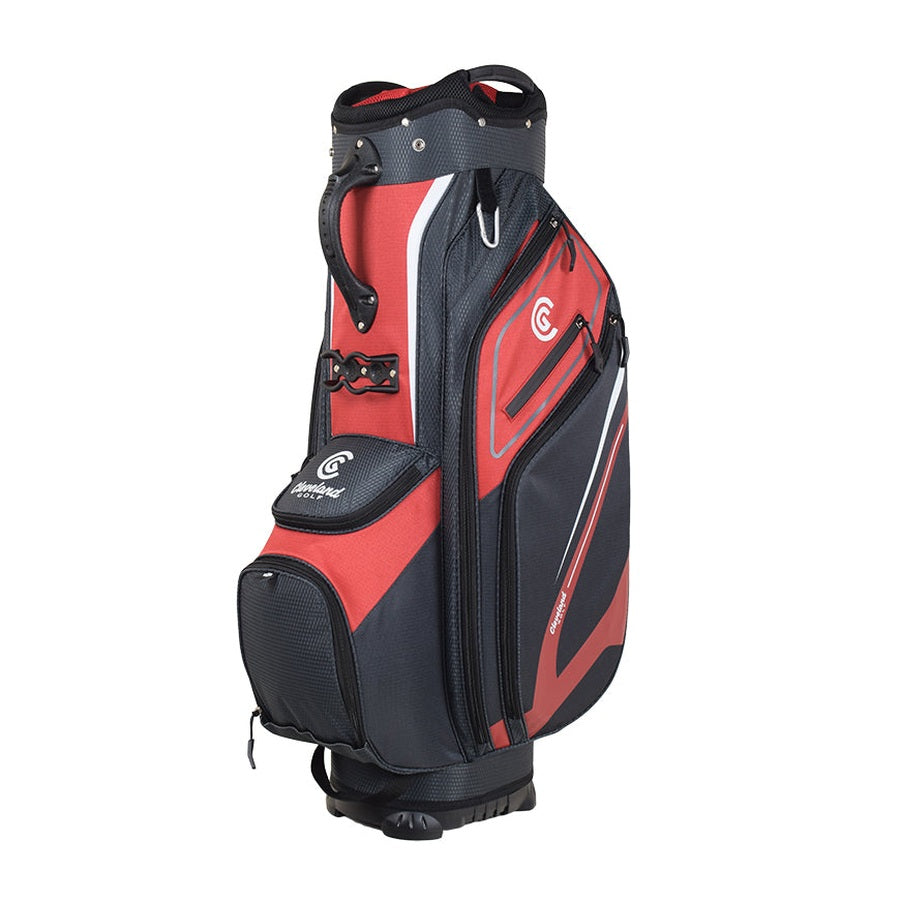 The Cleveland Golf Lightweight Cart Bag features a black and red design, multiple zippered pockets including a velour-lined valuables pocket, a top carrying handle, and bold “C” logos on the side and front.