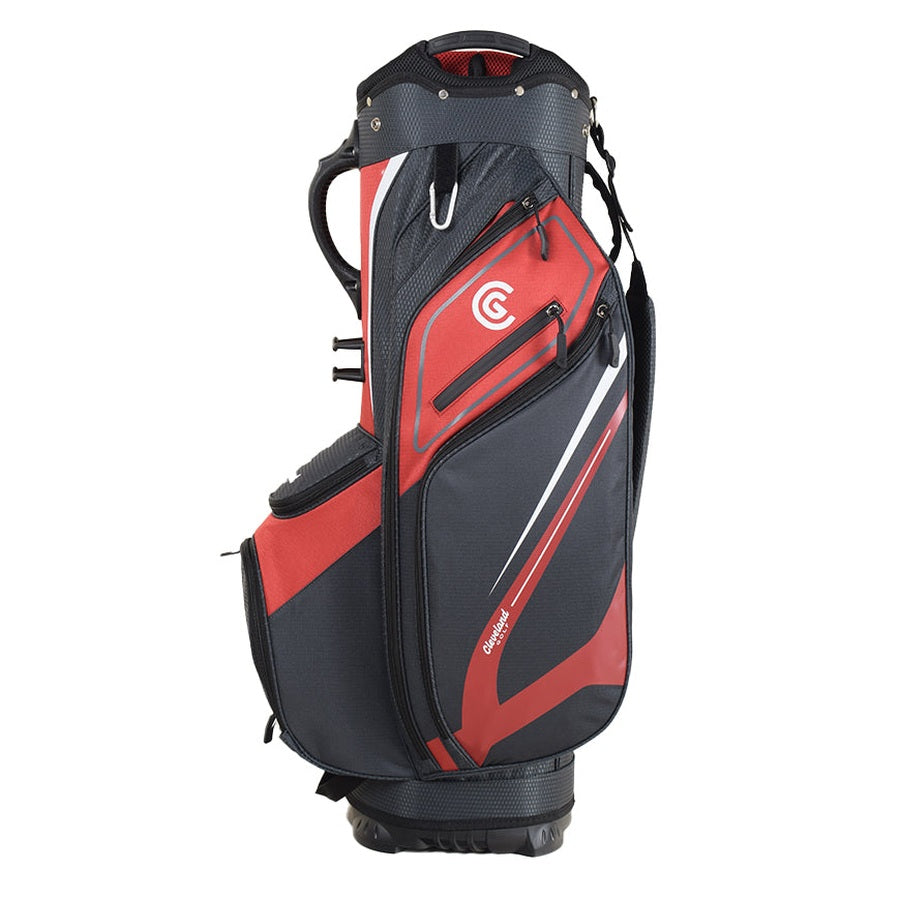 The Cleveland Golf Lightweight Cart Bag features a black and red design, multiple zippered pockets including an insulated cooler pocket, a shoulder strap, and displays the Cleveland Golf logo on the side.
