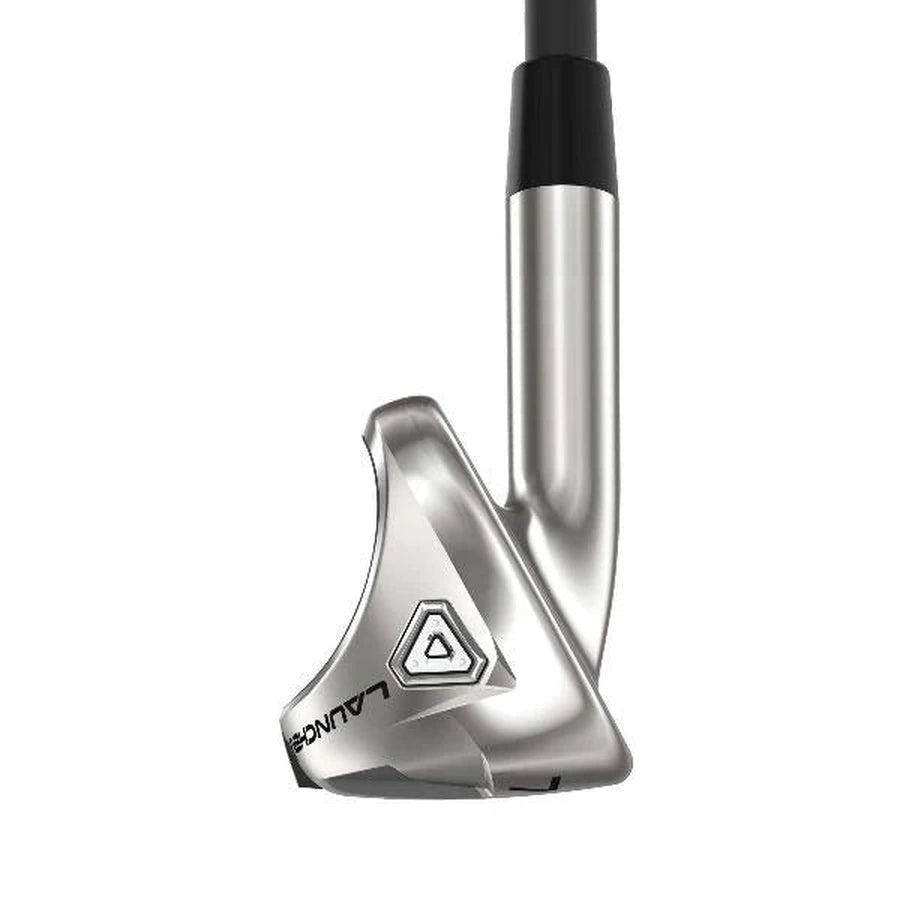 A close-up of the Cleveland Launcher XL Halo Steel Shaft Irons 5-PW, DW shows its silver club head with a black shaft, geometric logo, “LAUNCHER” engraving on the side, and hybrid performance design.