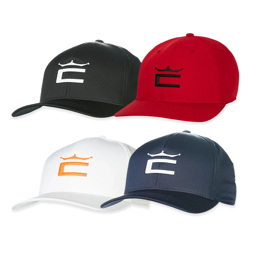 The Cobra Tour Crown Snapback Cap comes in black, red, white, and navy blue, each with a crown logo above the letter C. This cap features FlexFit 110 fit and a moisture-wicking sweatband for lasting comfort and style.