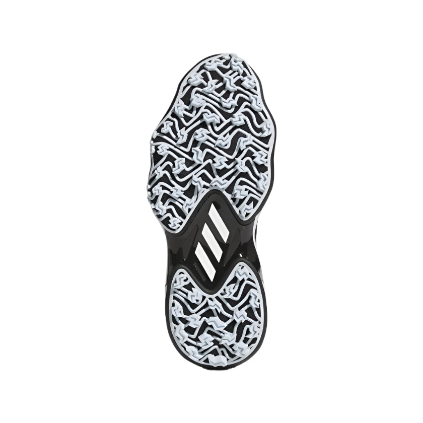 The image shows the sole of the Adidas Codechaos Ladies 25 SL Golf Shoes in black, featuring a wavy abstract tread pattern and three white diagonal stripes in the center.
