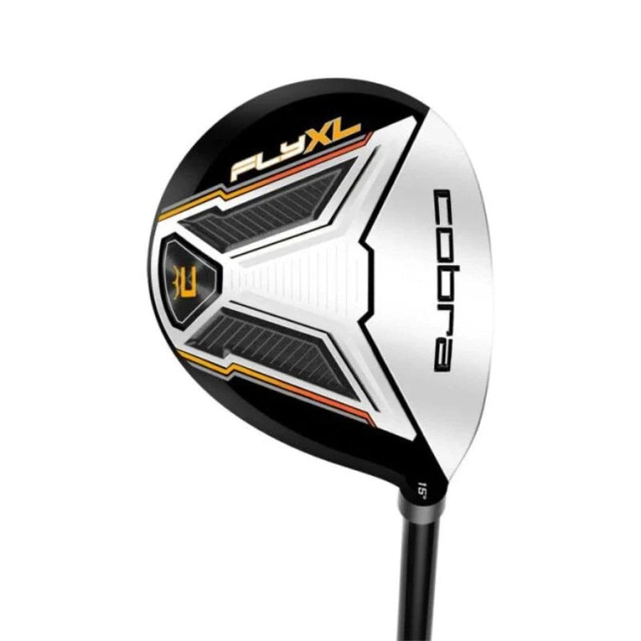 A close-up of the Cobra Fly-XL 2 Complete Golf Set club head, showcasing its sleek black, white, and gold design with visible Cobra logo and Fly XL branding—ideal for golfers seeking forgiving clubs.