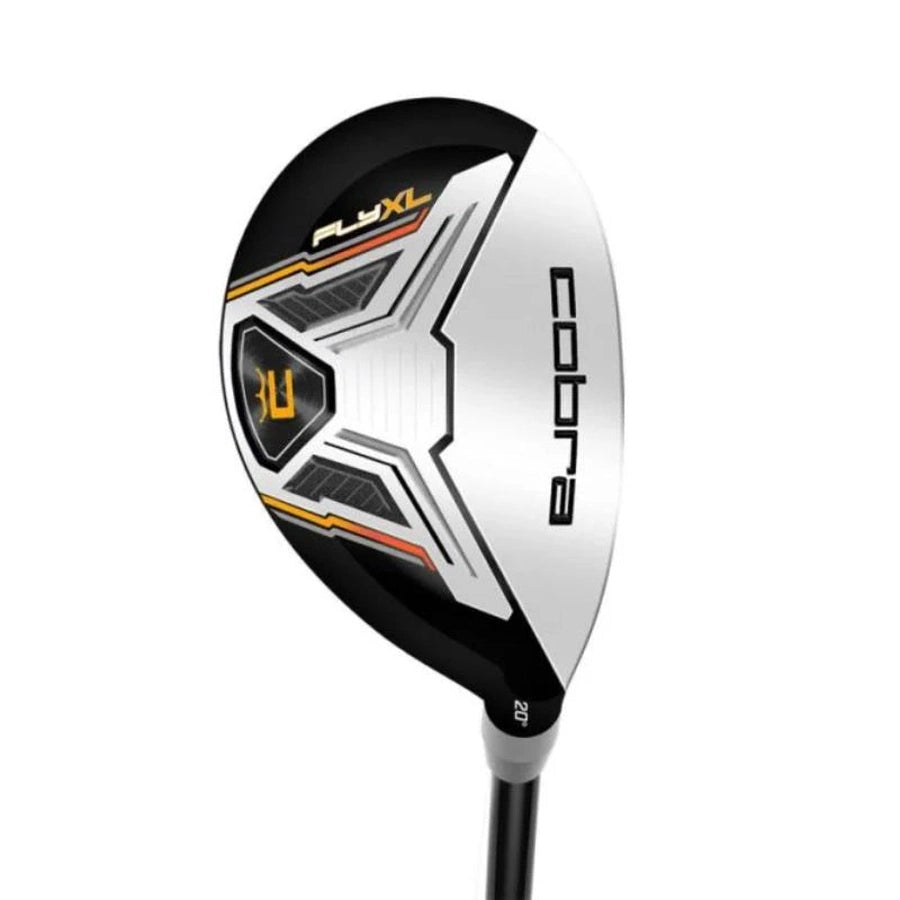 A close-up of a Cobra Fly-XL 2 Complete Golf Set club head, known for its lightweight, forgiving design with bold black, white, and orange accents, visible branding, and 20° marked near the bottom.