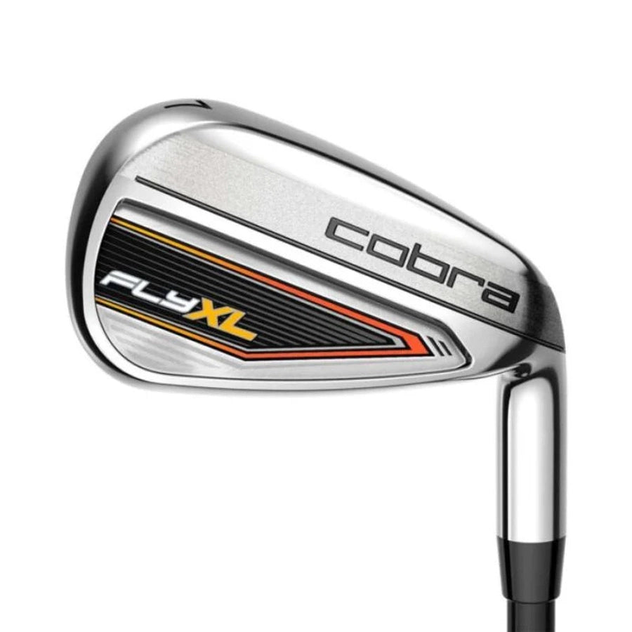 A close-up of the Cobra Fly-XL 2 Complete Golf Set iron showcases its shiny silver finish, black and orange accents, and “cobra” branding—ideal for golfers looking for forgiving, stylish clubs.