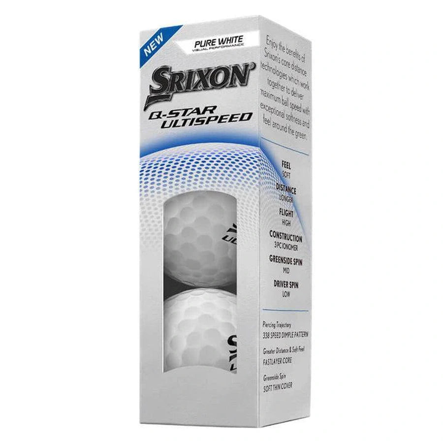 A box of Srixon Q-Star UltiSpeed 2025 Golf Balls in Pure White, with Speed Dimple pattern and FastLayer Core for improved feel, distance, flight, and spin—shown with two balls and detailed product info on the packaging.