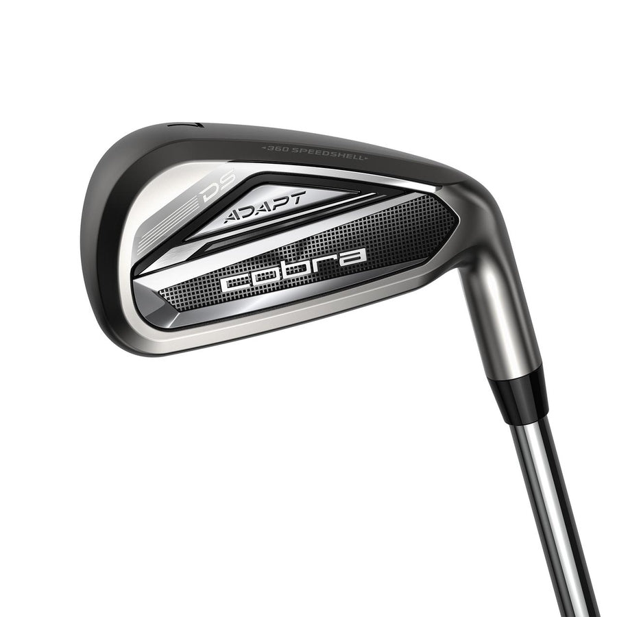 Close-up of the Cobra DS-ADAPT 5-PW, GW Steel Shaft Iron Set, showcasing its sleek silver-black design with adaptive PWR-BRIDGE weighting and a modern, metallic finish on the textured cavity back.