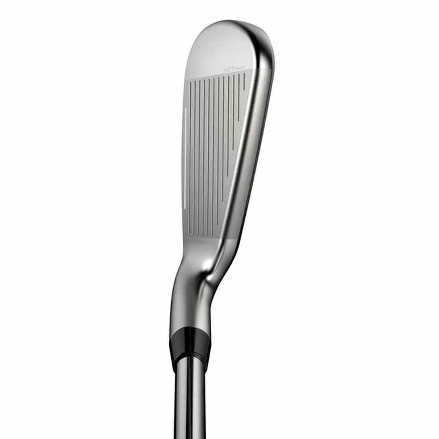 Close-up of a Cobra DS-ADAPT 5-PW, GW Steel Shaft Iron Set, highlighting the grooved SPEEDSHELL face insert and sleek silver finish, with part of the shaft visible against a white background.