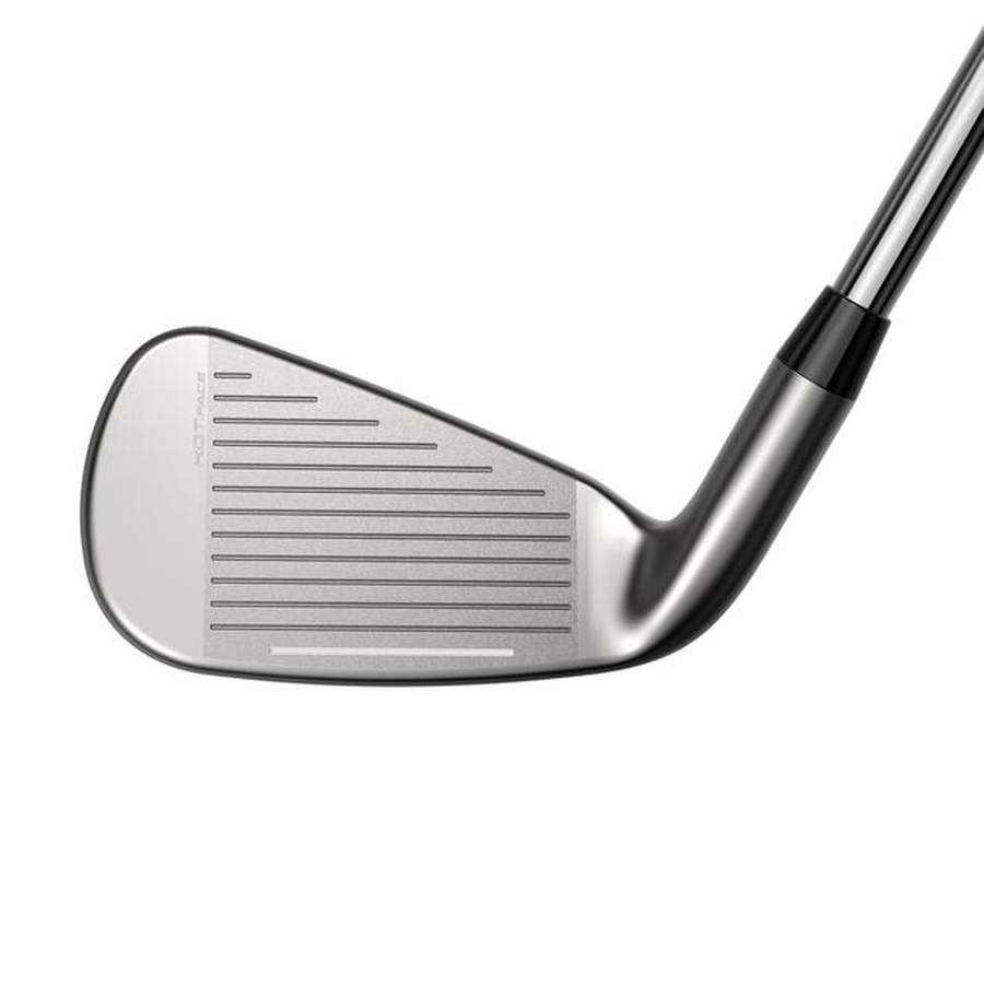 A close-up of a Cobra DS-ADAPT 5-PW, GW Steel Shaft Iron Set club head, highlighting the grooved striking face with SPEEDSHELL insert and part of the shaft against a white background.