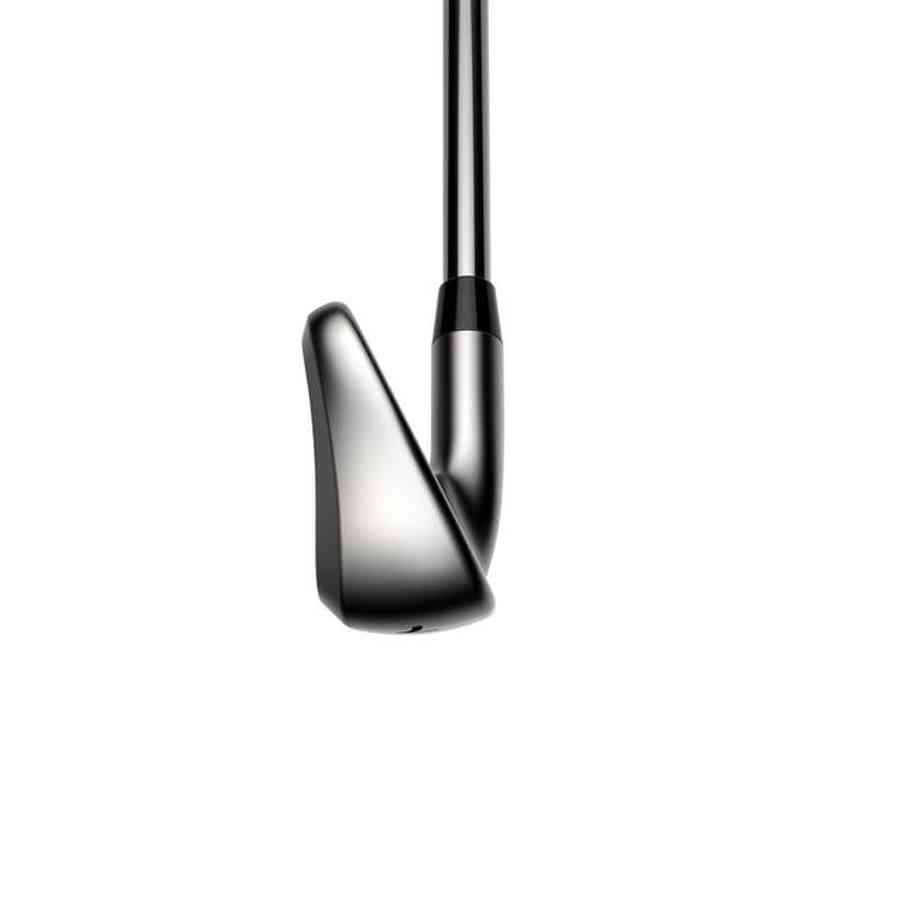 A close-up of a Cobra DS-ADAPT 5-PW, GW Steel Shaft Iron Set highlights the shiny metal head with adaptive PWR-BRIDGE weighting and part of the shaft, set against a plain white background.