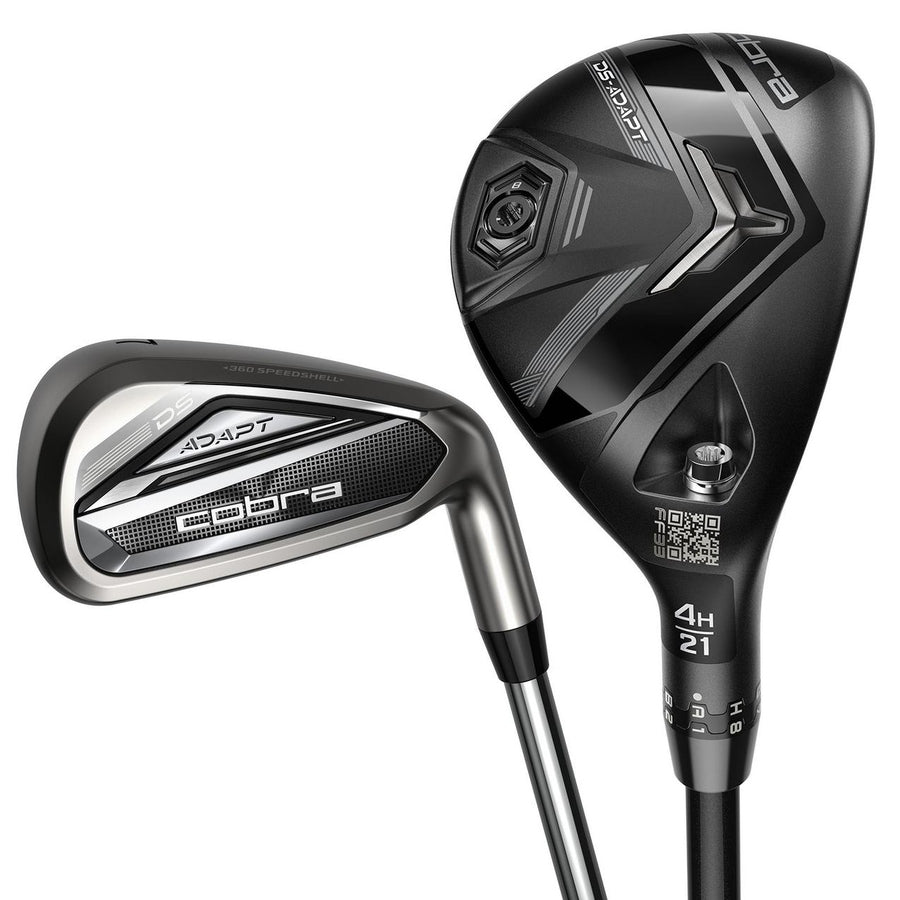 Cobra DS-Adapt 5H 6-PW, GW Steel Shaft Combo Iron Set: a hybrid club with 5H on a dark head and a silver iron with adaptive weighting, both upright on a white background.