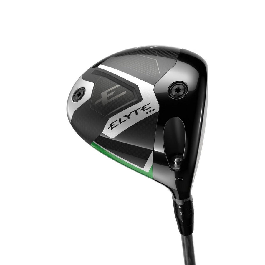 A close-up of the Callaway Elyte Triple Diamond Driver head, featuring black and silver design, “ELYTE” branding, adjustable features, thermoforged carbon, and green accents shown from an angled perspective.