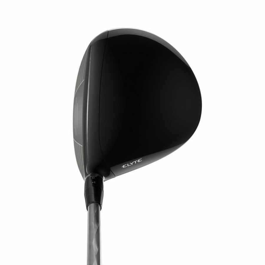 A black Callaway Elyte Triple Diamond Driver with Tour-Proven Performance and ELYTE branding on the side is shown from an overhead angle with a silver shaft against a white background.