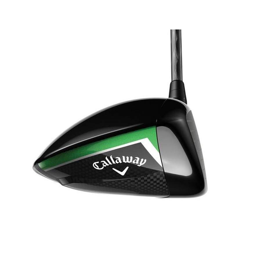 A close-up of the Callaway Elyte Triple Diamond Driver head features a black, green, and silver design with the Callaway logo, Tour-Proven Performance details, and part of the shaft against a white background.