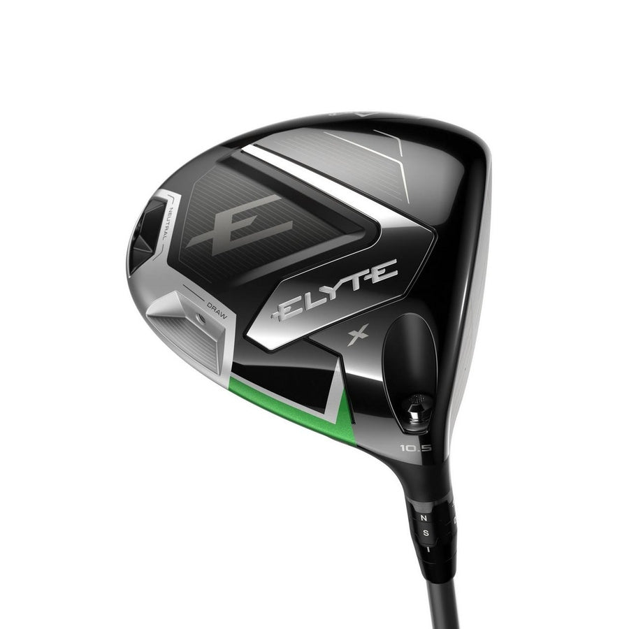 A close-up of the Callaway Elyte X Driver clubhead shows its black, silver, and green design, hosel adjustment markings, and 10.5° loft—engineered for high launch and maximum forgiveness.