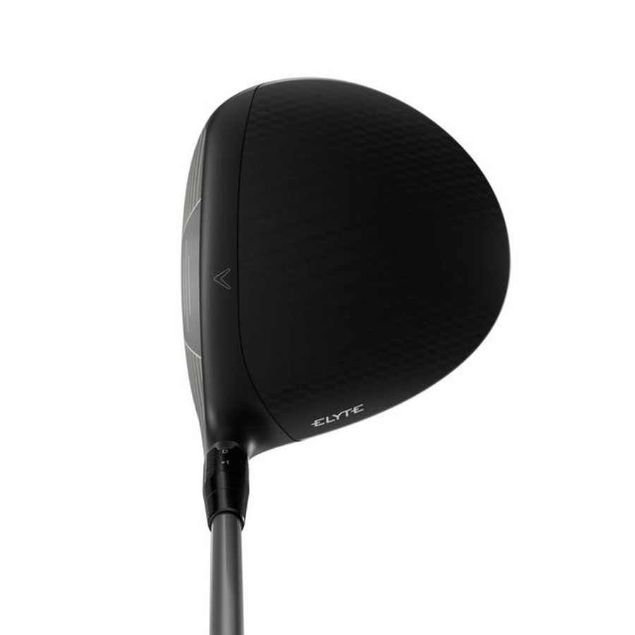 A close-up of the Callaway Elyte X Driver’s black, matte club head shows the ELYTE branding on the side. Designed for high launch and maximum forgiveness, it features a dark shaft and is set against a white background.