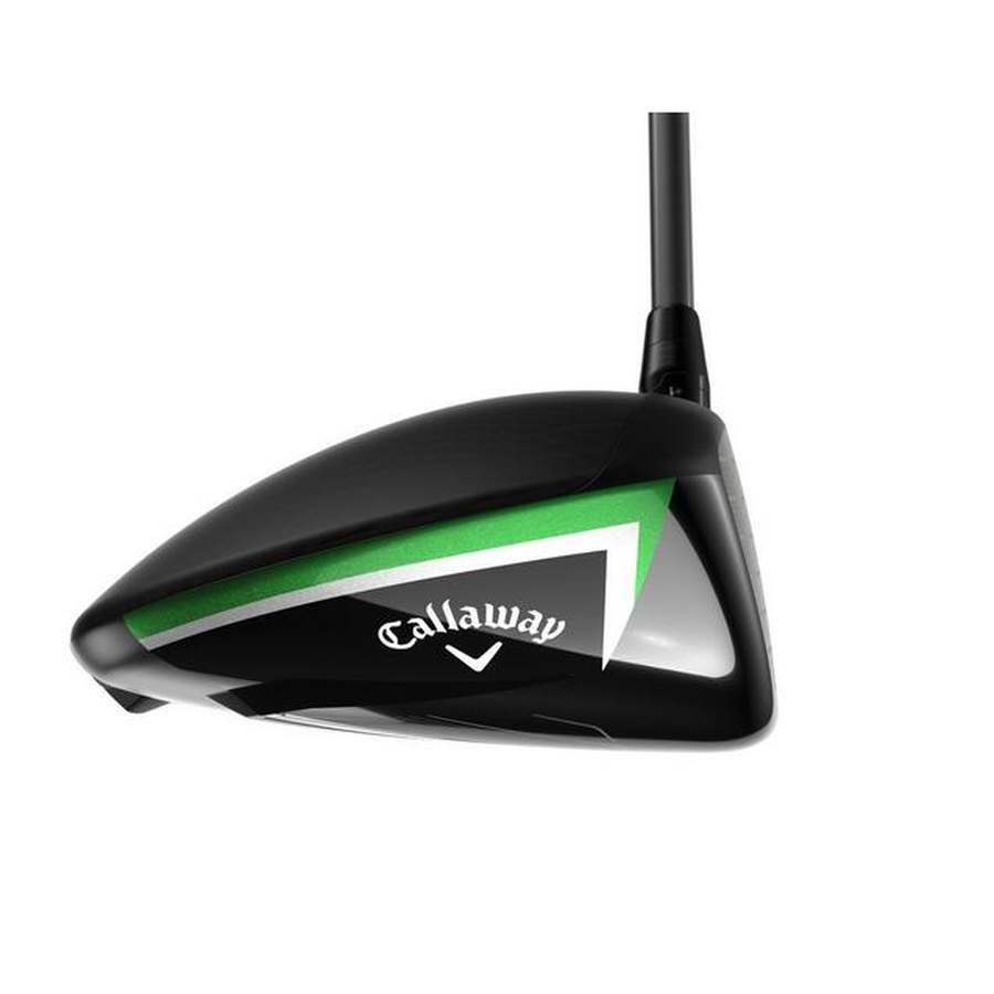 A close-up of the Callaway Elyte X Driver clubhead, showcasing its black, white, and green design with the logo on the side, engineered for high launch and maximum forgiveness.