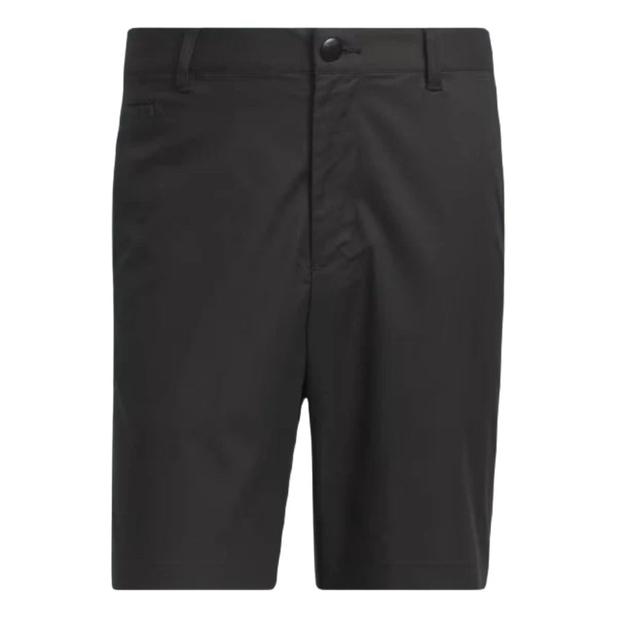 Adidas Go-To Five-Pocket Golf Shorts in black, knee-length with belt loops, button and zip fly closure, and multiple pockets, shown on a plain white background.