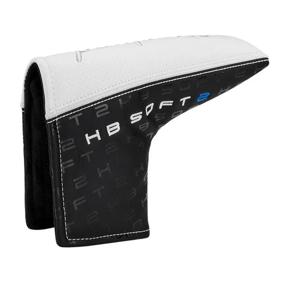 A black and white headcover with a textured pattern, fold-over flap, and HB SOFT 2 in white and blue—ideal for the Cleveland HB Soft 2 Model #1 Putter with stroke-specific design.