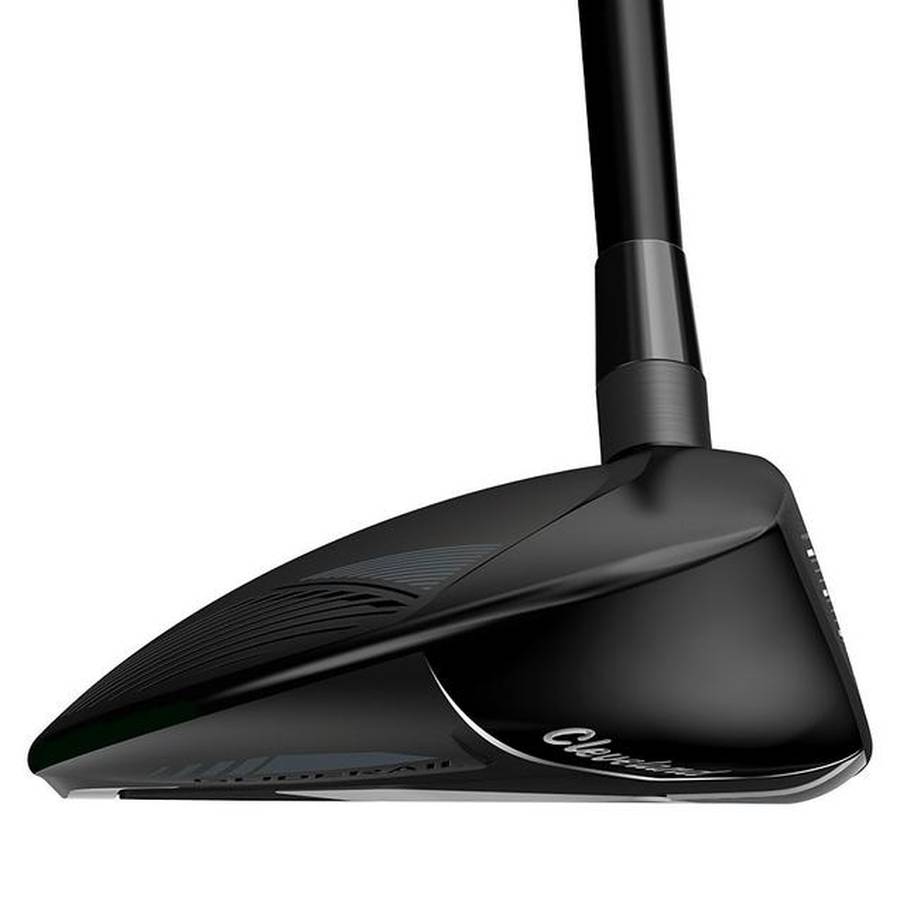 Close-up of a Cleveland Launcher Halo XL Lite Fairway Wood club head in black, featuring a sleek, modern design with subtle grooves and advanced GlideRail technology, viewed from below with part of the lightweight shaft visible.