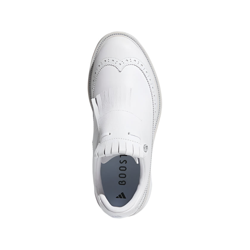 Top view of the Adidas MC Zoysia Ladies Spikeless Golf Shoes in white, featuring decorative perforations, wingtip design, fringe over the laces, and an insole marked with adidas BOOST and logo for extra comfort.