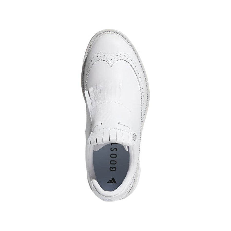 Top view of the Adidas MC Zoysia Ladies Spikeless Golf Shoes in white, featuring decorative perforations, wingtip design, fringe over the laces, and an insole marked with adidas BOOST and logo for extra comfort.