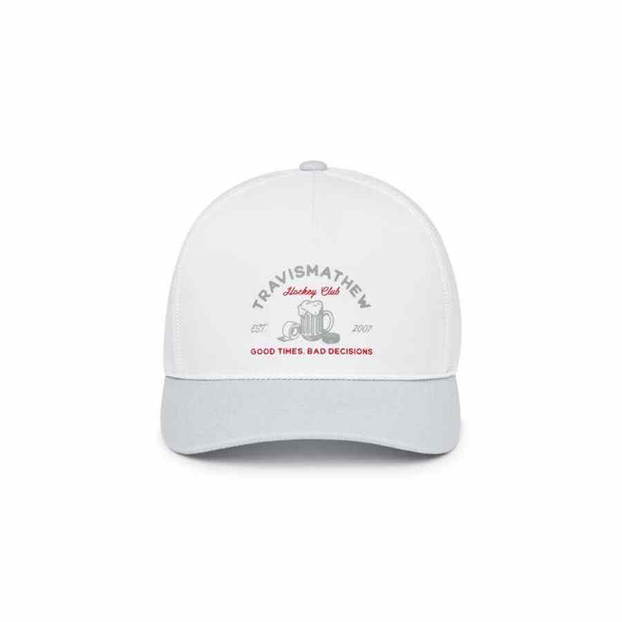 The Travis Mathew Hossmoor Canada Adjustable Hat in white and light gray features the TravisMathew logo, two clinking beer mugs, Shady Club, Good Times. Bad Decisions, and Est. 2007 on the front.