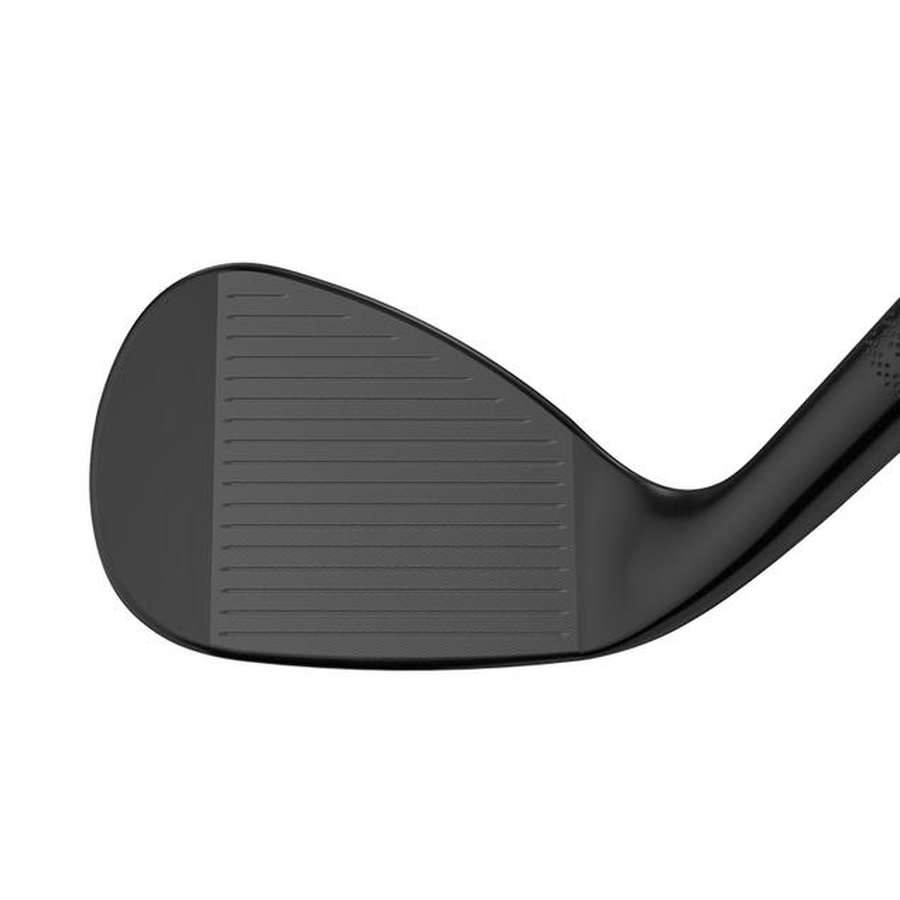 Close-up of a Callaway Opus Black Wedge, showcasing its grooved face with Spin Gen Face Technology for tour-level spin; the club is angled to reveal the face and part of the hosel shaft.