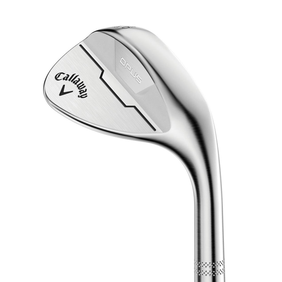 A close-up of the shiny Callaway Opus Chrome Wedge, with the brand logo and OPUS engraved on the back, highlights its Spin Gen Face Technology for Tour-level spin.