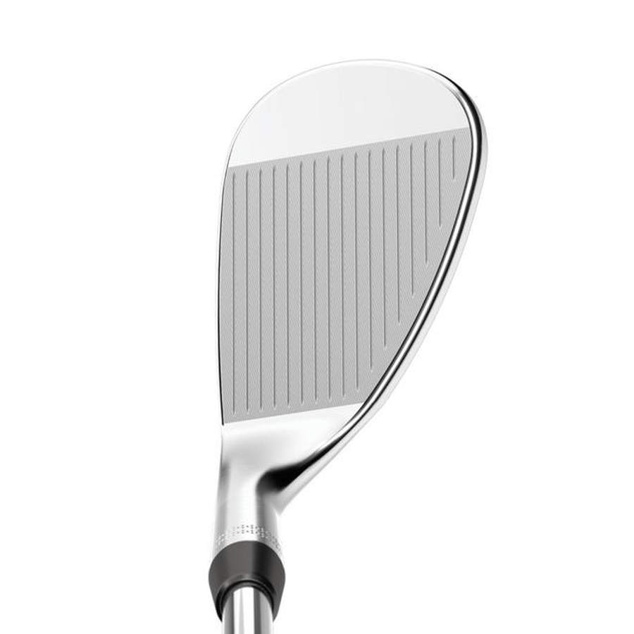 Close-up view of a Callaway Opus Chrome Wedge head, highlighting its clean, shiny metal face with horizontal grooves and a polished silver finish featuring Spin Gen Face Technology for Tour Level Spin.