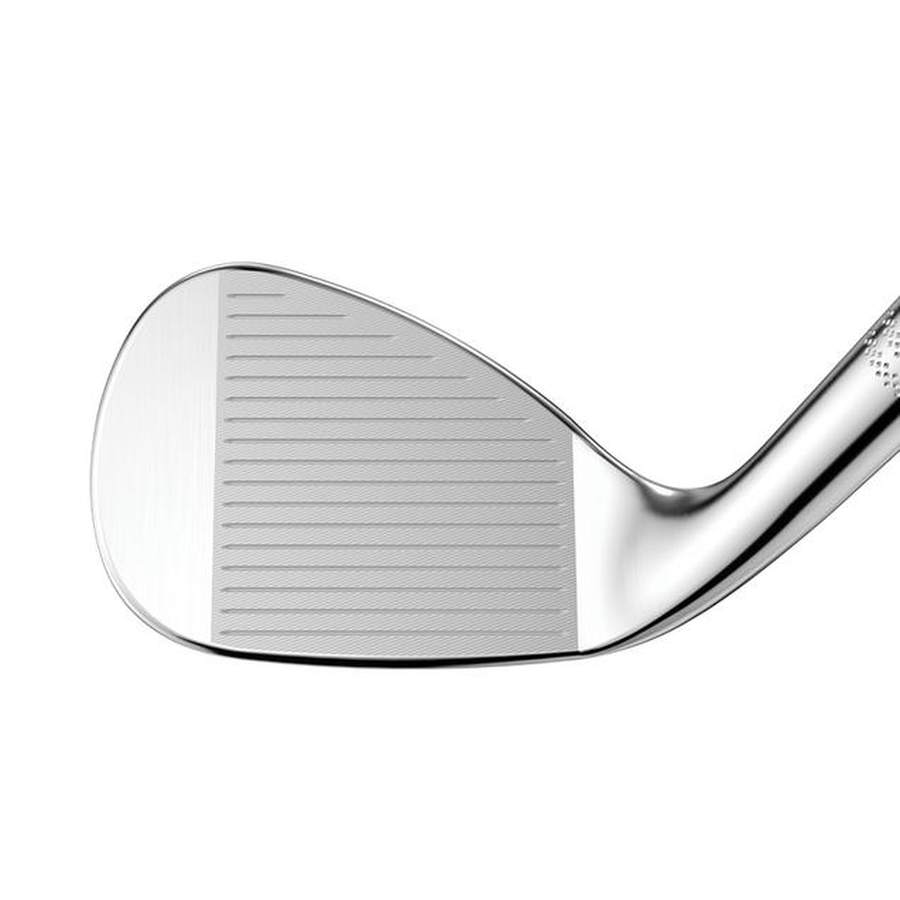 Close-up of the Callaway Opus Chrome Wedge face, showcasing its precise grooves and sleek chrome finish, enhanced by advanced Spin Gen Face Technology.