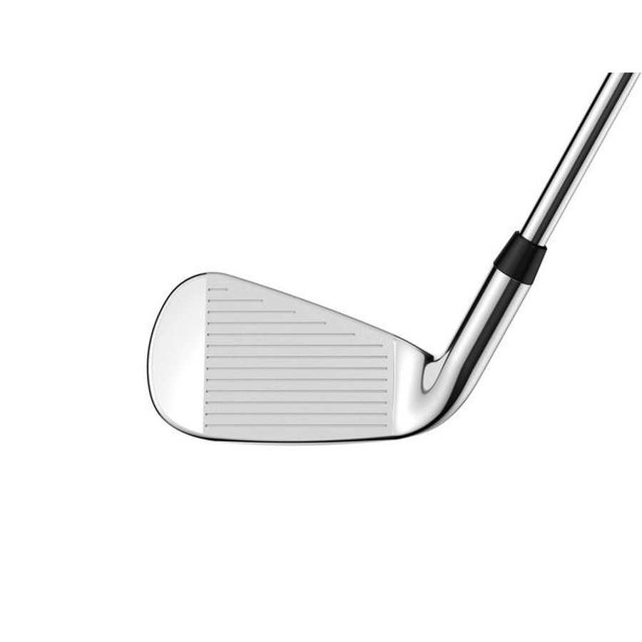 A close-up of a Callaway Paradym AI Smoke HL Steel Shaft Iron (5-PW, AW), highlighting its grooved Ai Smart Face and sleek metallic shaft against a plain white background for improved iron performance.