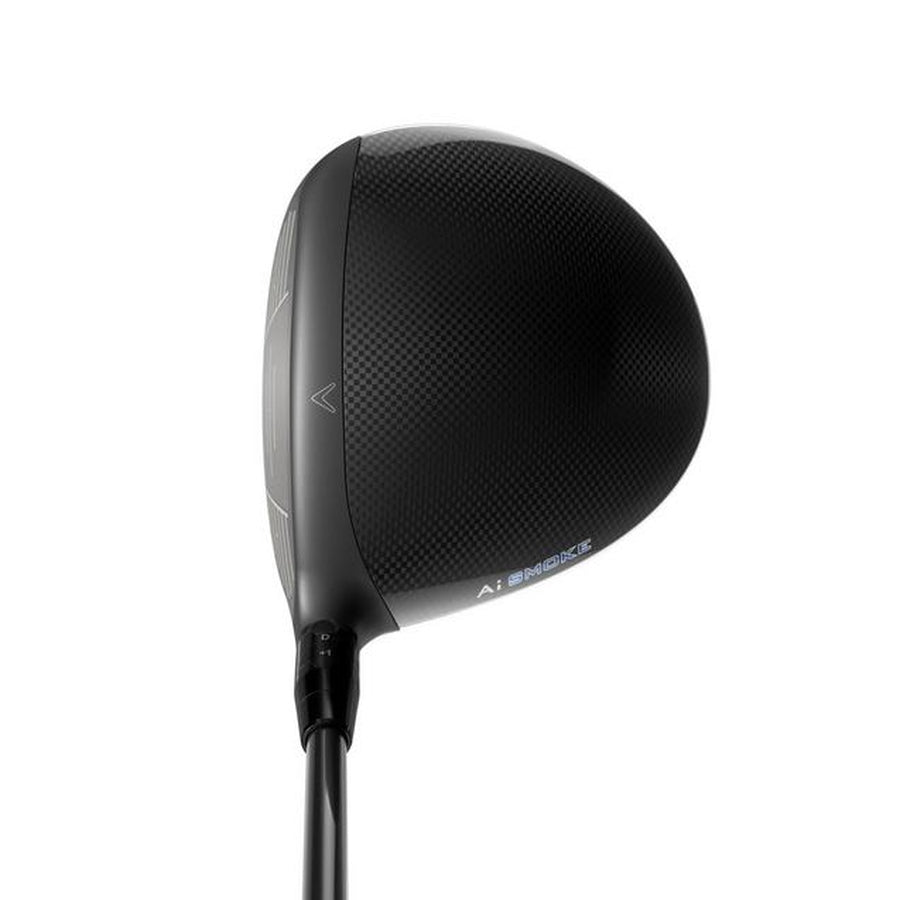 A close-up of the Callaway Ladies Paradym AI Smoke Max Drivers top highlights its textured black surface, adjustable perimeter weighting, and part of the shaft, set against a white background.