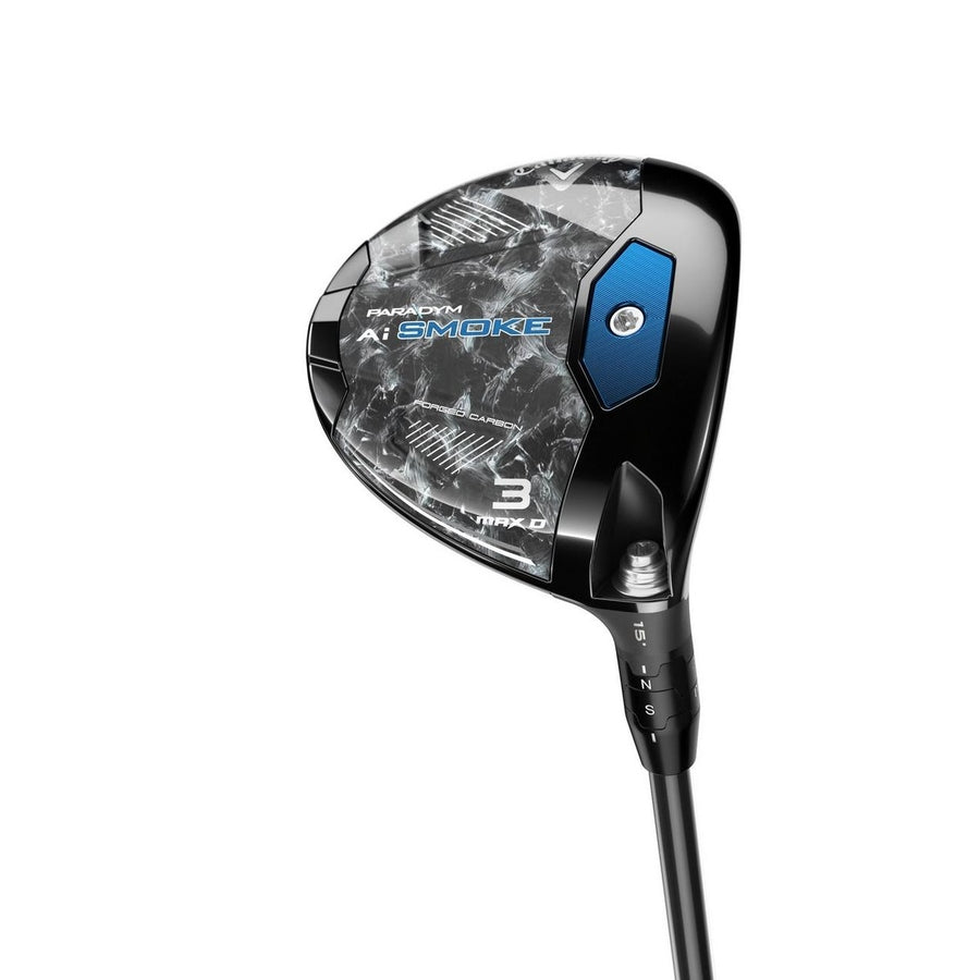 The Callaway Paradym Ai Smoke Max Fairway Wood, in black and silver with blue accents and a marble-like head design, featuring advanced Ai Smart Face technology, is displayed against a white background.