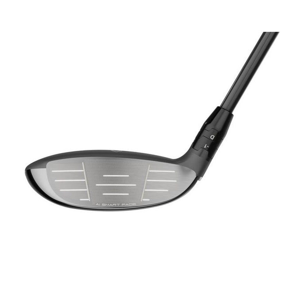 A close-up of the Callaway Paradym Ai Smoke Max Fairway Wood club head highlights its dark finish, horizontal face grooves, adjustable hosel settings, and advanced Paradym Shift Carbon Chassis technology.