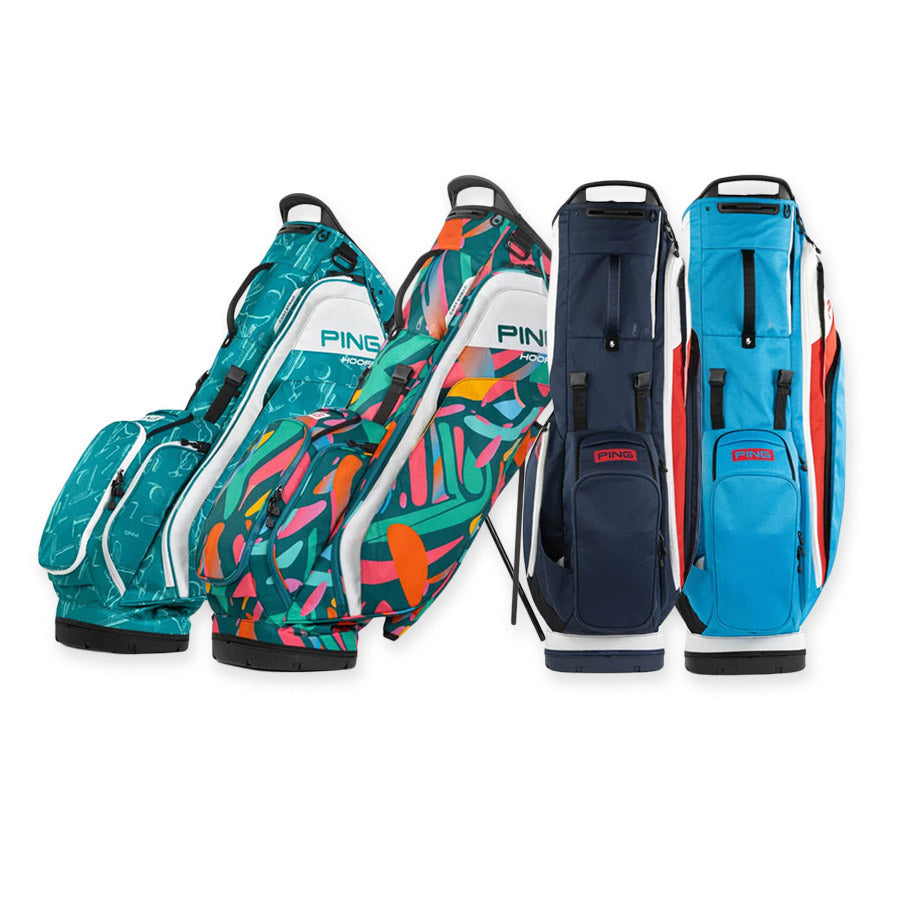Four Ping Hoofer 231 Golf Carry Bags stand upright on a white background, showcasing unique patterns—teal, multicolored abstract, dark blue, and light blue with red accents—and offering up to 16 pockets for essentials.