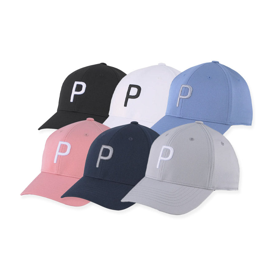 Six Puma Structured P Caps in black, white, blue, pink, navy, and gray are displayed in two rows. Each cap features a bold embroidered P and offers one-size-fits-all comfort with a form-fitting design.