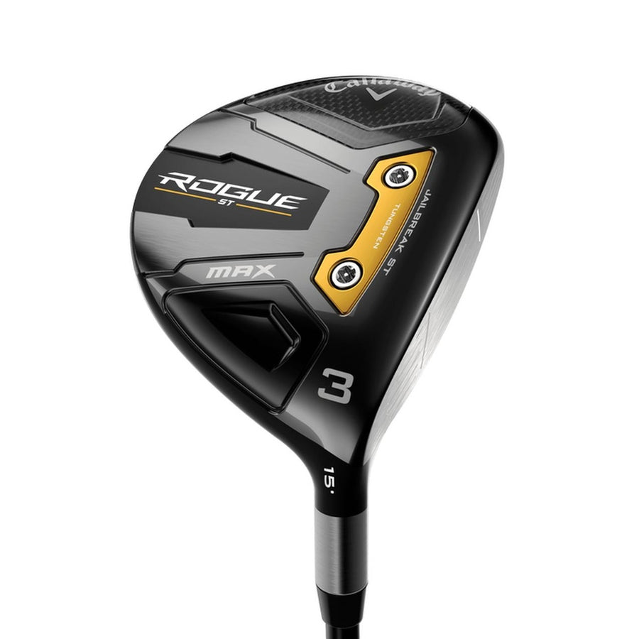 The Callaway Rogue ST Max Fairway Wood features a sleek black and gold design, 15° marked on the hosel, and enhanced performance with Callaway’s Jailbreak Batwing Technology.