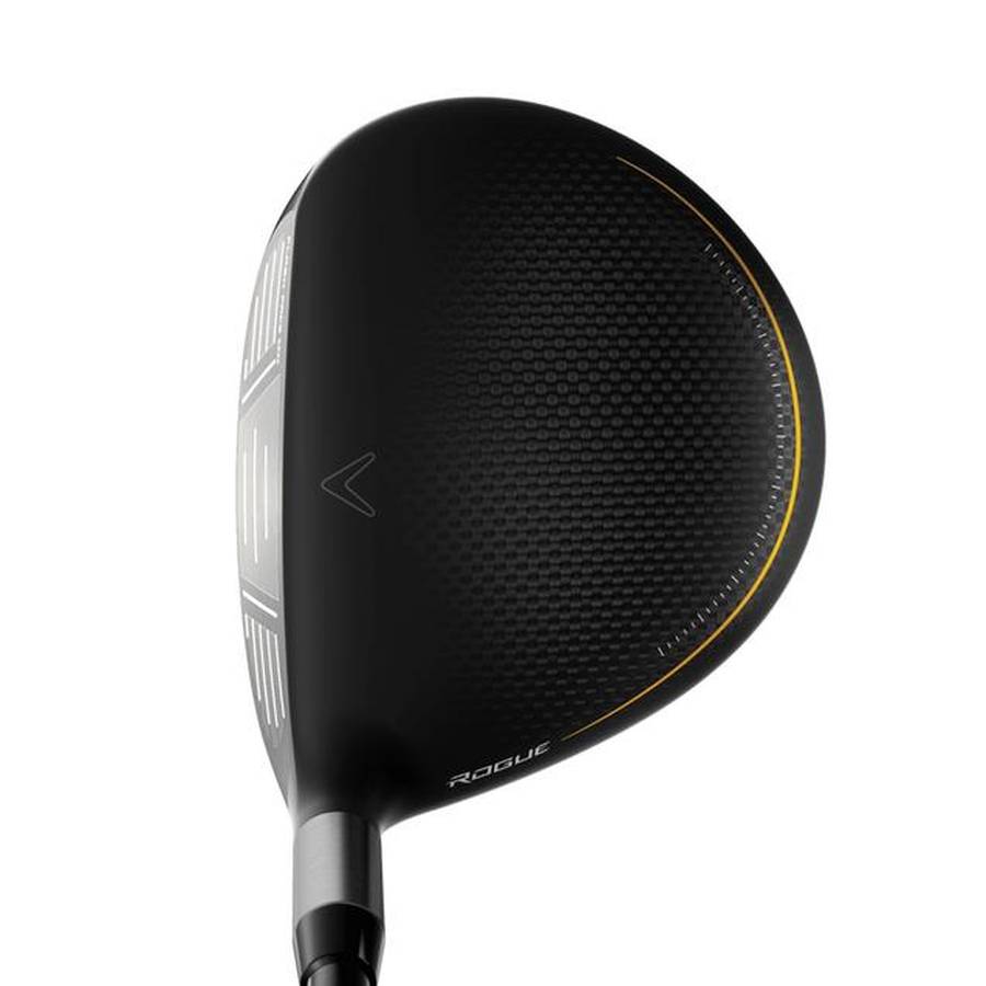 A close-up shows the top of a black Callaway Rogue St Max Fairway Wood clubhead with a textured surface, subtle arrow alignment mark, and "ROGUE" near the hosel. Jailbreak Batwing Technology boosts stability and distance.