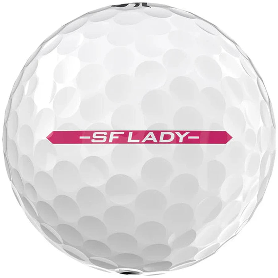 The Srixon Soft Feel Brite 2025 Ladies Golf Ball is white with dimples and SF LADY in bold pink and white letters, designed for lady golfers who want a soft feel and game-changing distance.